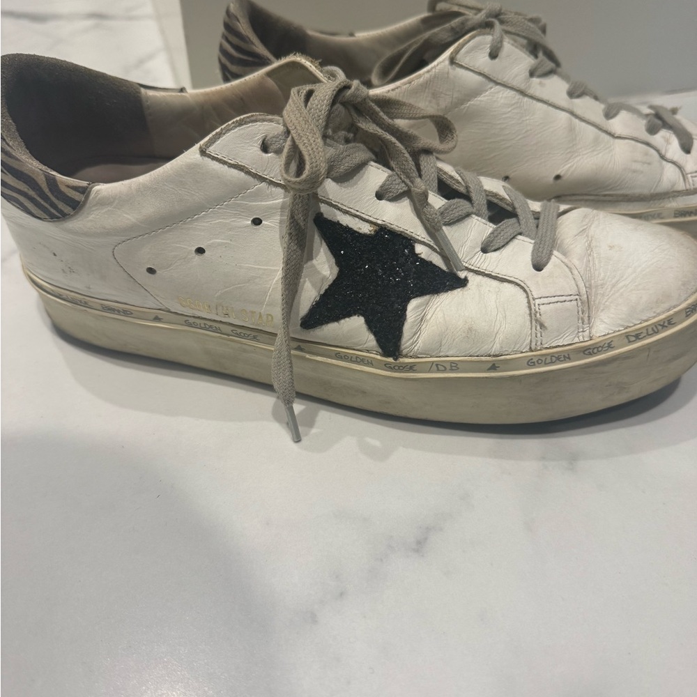 Golden Goose Hi Star Sneakers with Black jewelled star and leopard print details